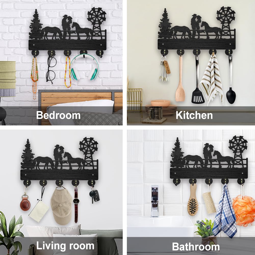 MAYJOYDIY Wood Cowboy Horse Farm Coat Hooks Farmhouse Cowgirl Windmill Key Holder 11.87.9inch Wall Art Decor Gift Black Wall Key Rack Organizer 5 Alloy Hooks for Bedroom Kitchen Entryway
