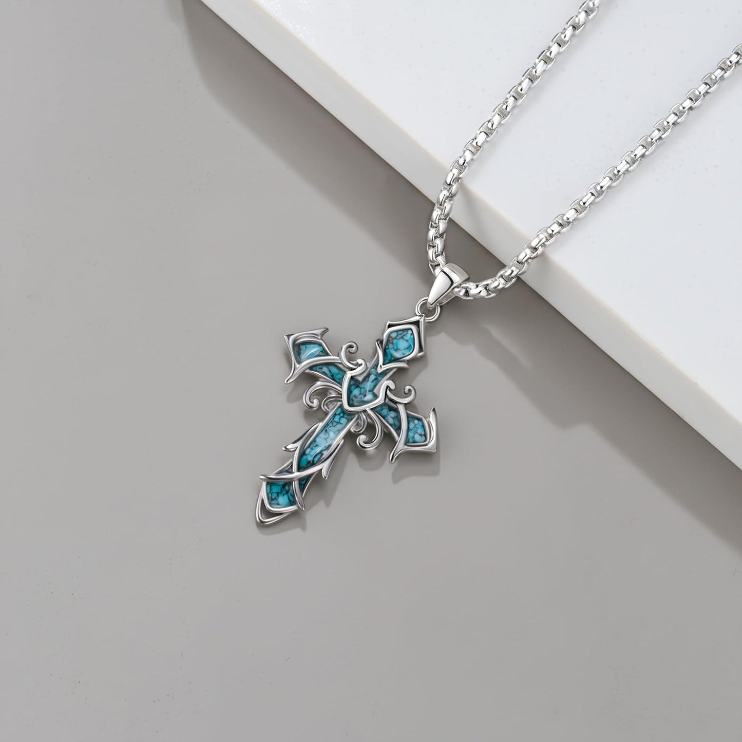 YEESIA Cross Necklace for Men Women, 925 Sterling Silver Cross Pendant Necklace with Turquoise, Christian Jewelry, Gift for Men Women