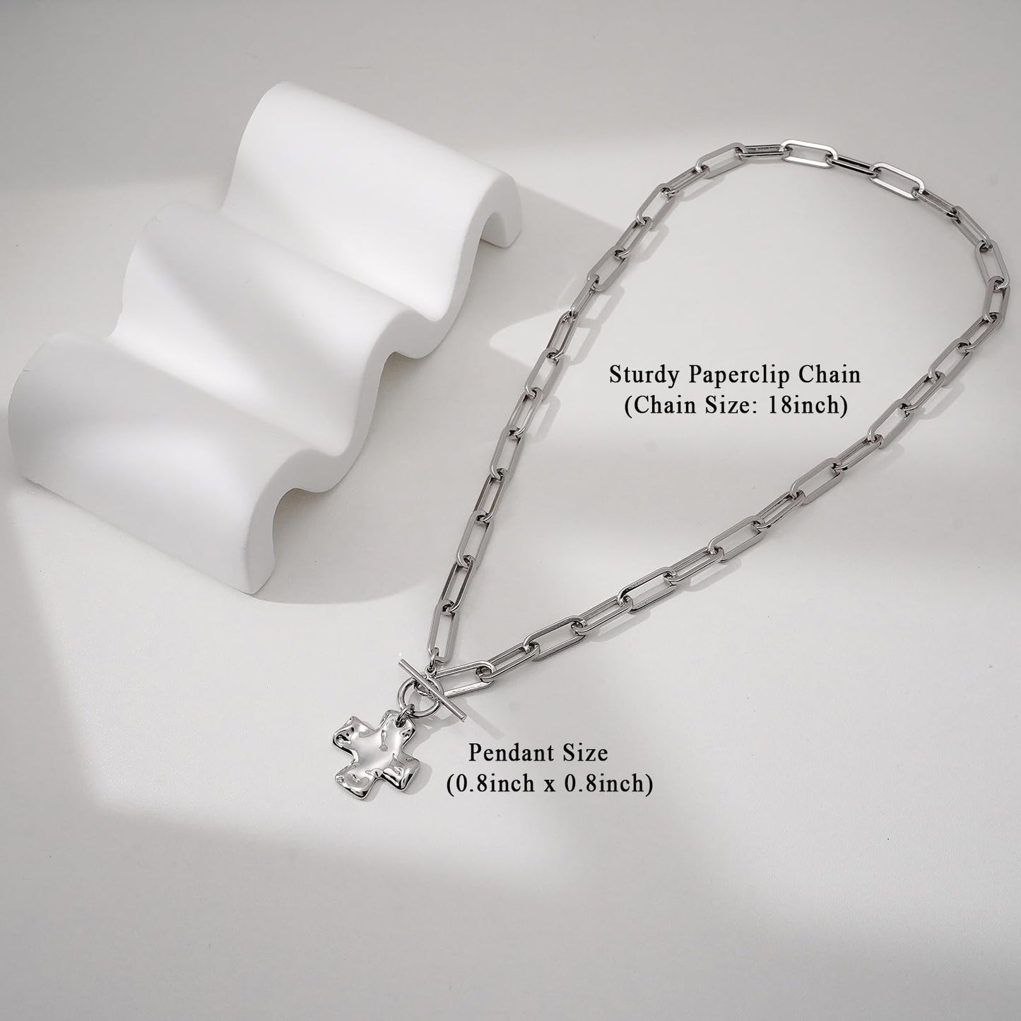 Bheop Chunky Cross Necklace for Women Trendy Silver Plated Statement Cross Pendant Charm Necklace Toggle Clasp Long Big Paperclip Faith Chain Costume Jewelry Gift Non Tarnish 2CM