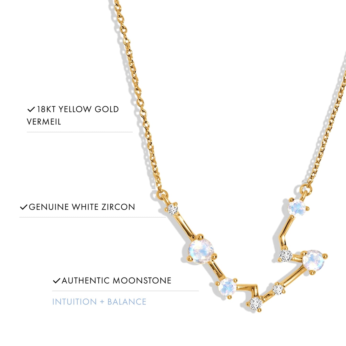 Moon Magic Moonstone Necklace - Aquarius Zodiac Constellation / 925 Sterling Silver - 18k Rose Gold - Yellow Gold Rainbow Moonstone Necklaces for Women/Authentic Rainbow Crystal Jewelry