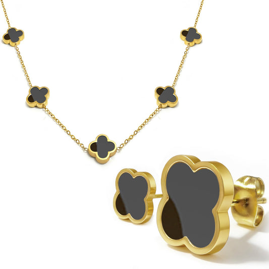 Aimétte Monette 18K Gold Plated Jewelry Set, Clover Necklace Stud Earrings for Women Hypoallergenic Black Lucky Clover Pendant Necklace Gifts for Women Trendy