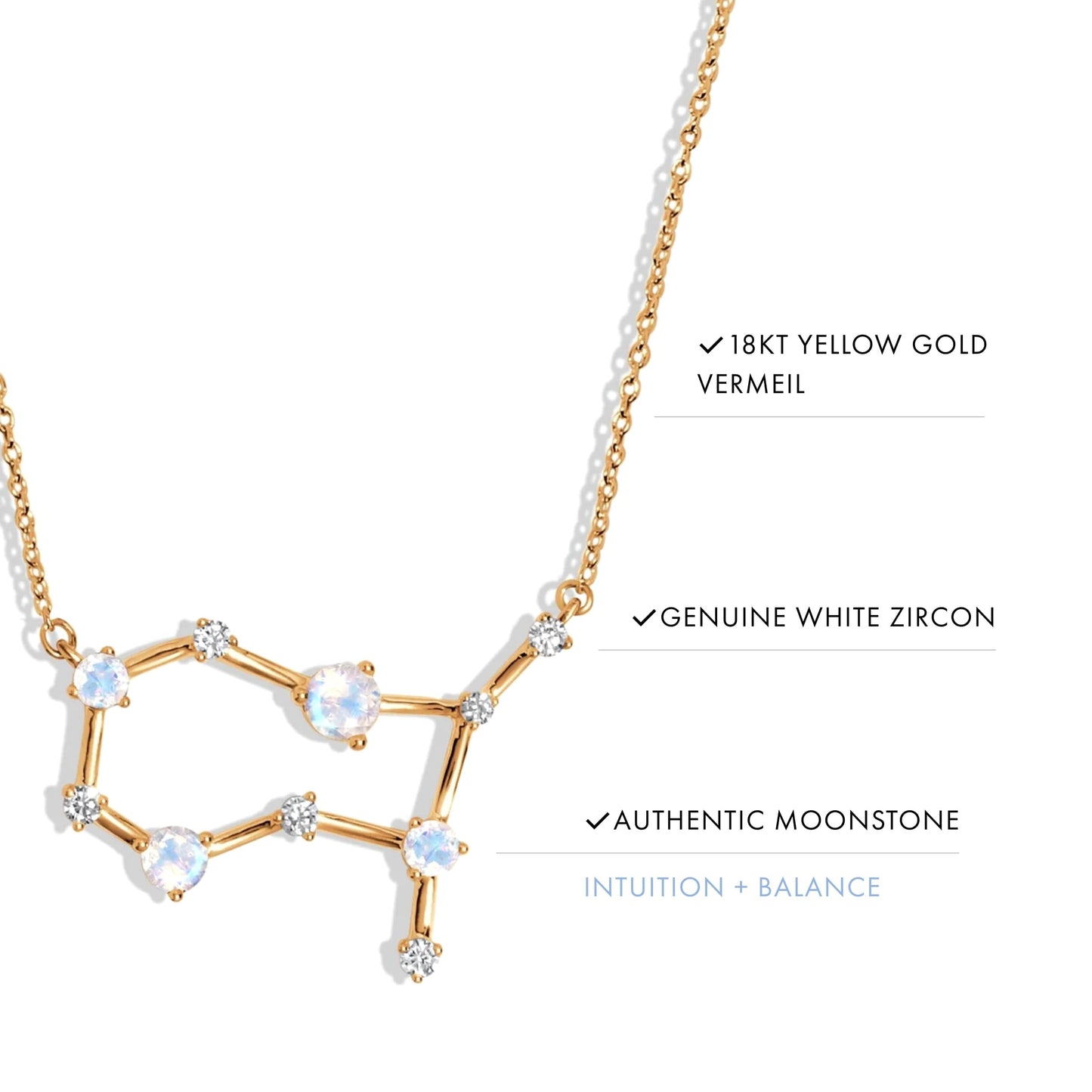 Moon Magic Moonstone Necklace - Gemini Zodiac Constellation / 925 Sterling Silver - 18k Rose Gold - Yellow Gold Rainbow Moonstone Necklaces for Women/Authentic Rainbow Crystal Jewelry