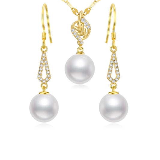 14K Gold Diamond Leaves Pearl Necklace (with 14k Gold Lip Chain) and Earrings set for Women