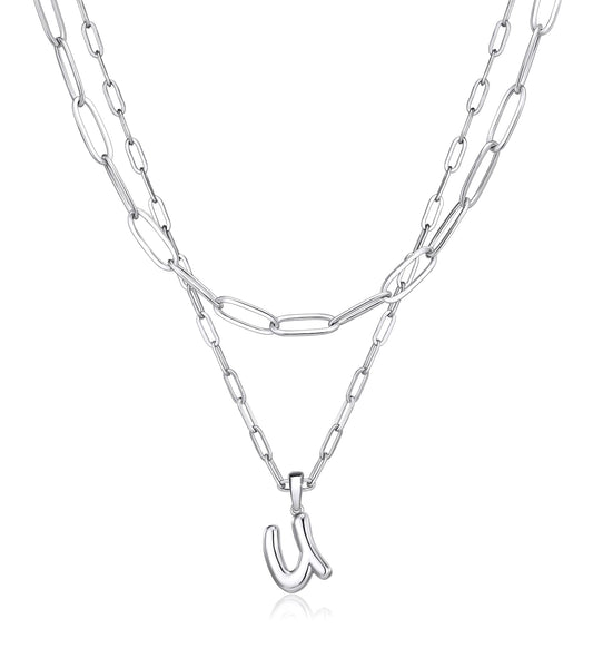 adoyi Silver Initial Necklace for Women 14k Gold Plated Layered Bubble Letter Necklaces Trendy Jewelry Chain Name U Pendant Necklace Stack Birthday Valentines Gifts