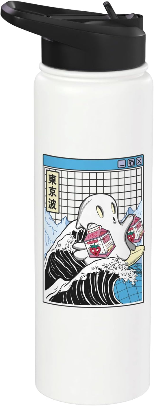 Surfing Ghost Strawberry Milk Cartons Anime Kawaii Vaporwave Stainless Steel Insulated Water Bottle