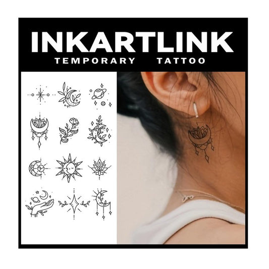 INKARTLINK Tattoo Tech, 2 Sheets Medium Semi Permanent Tattoo, Adult Art Design Temporary Tattoos, Lasts 1-2 Weeks, Waterproof, Realistic Look, No Adhesive, No Reflection (Flower and Planet)