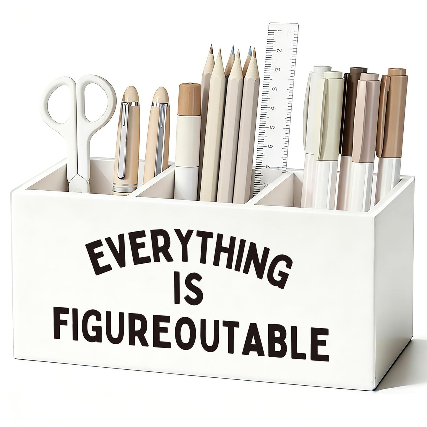 SkyCozy Inspirational Everything Is Figureoutable Pen Pencil Holder for Desk, Inspirational Gifts for Women Men, Motivational Wooden Box Sign Decorations for Home Office Workplace Desk Tabletop