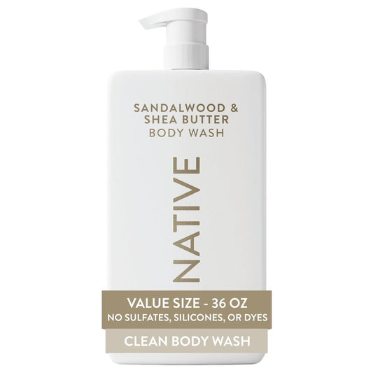 Native Body Wash for Women & Men, Sandalwood & Shea Butter, 36 oz Pump Bottle, Sulfate-Free & Gentle