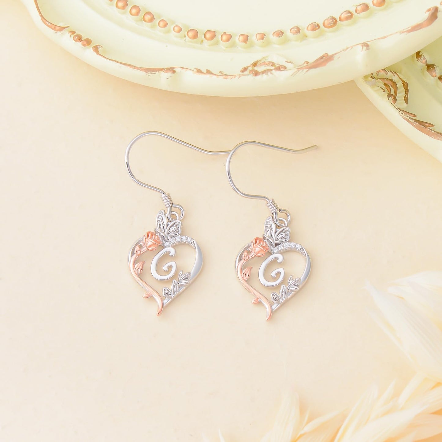 TOUPOP Rose Heart Initial Earrings Sterling Silver Butterfly Earring Initial G Letter Drop Dangle Earrings Jewelry Anniversary Birthday Mothers Day Gifts for Women Mom Wife Girlfriend Her