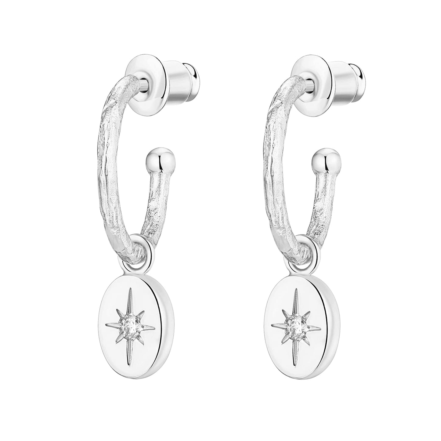 PAVOI Rhodium Plated 925 Sterling Silver Post Celestial Dangle Huggie Hoop Earrings For Women - Trendy Starbusrst Drop Open Hoop Earrings - Cubic Zirconia Small Hinged Hammered Huggies