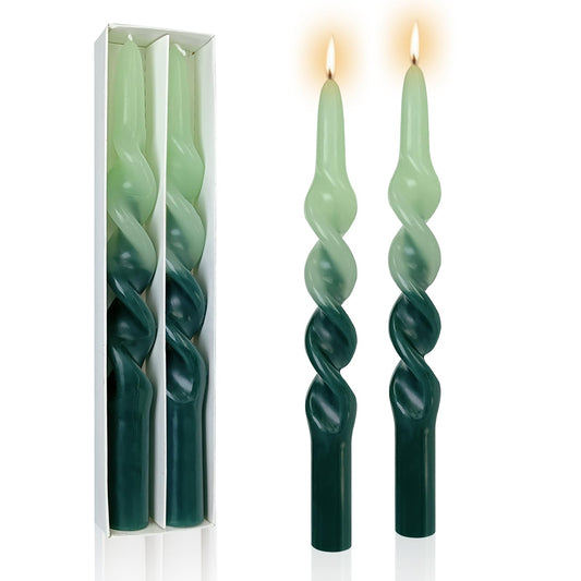 2 Pack 10 Inch Deep Green Gradient Color Spiral Taper Candles Unscented Dripless Candle Sticks Stable Flame Candlesticks for Holiday Party Weddings Home Decoration