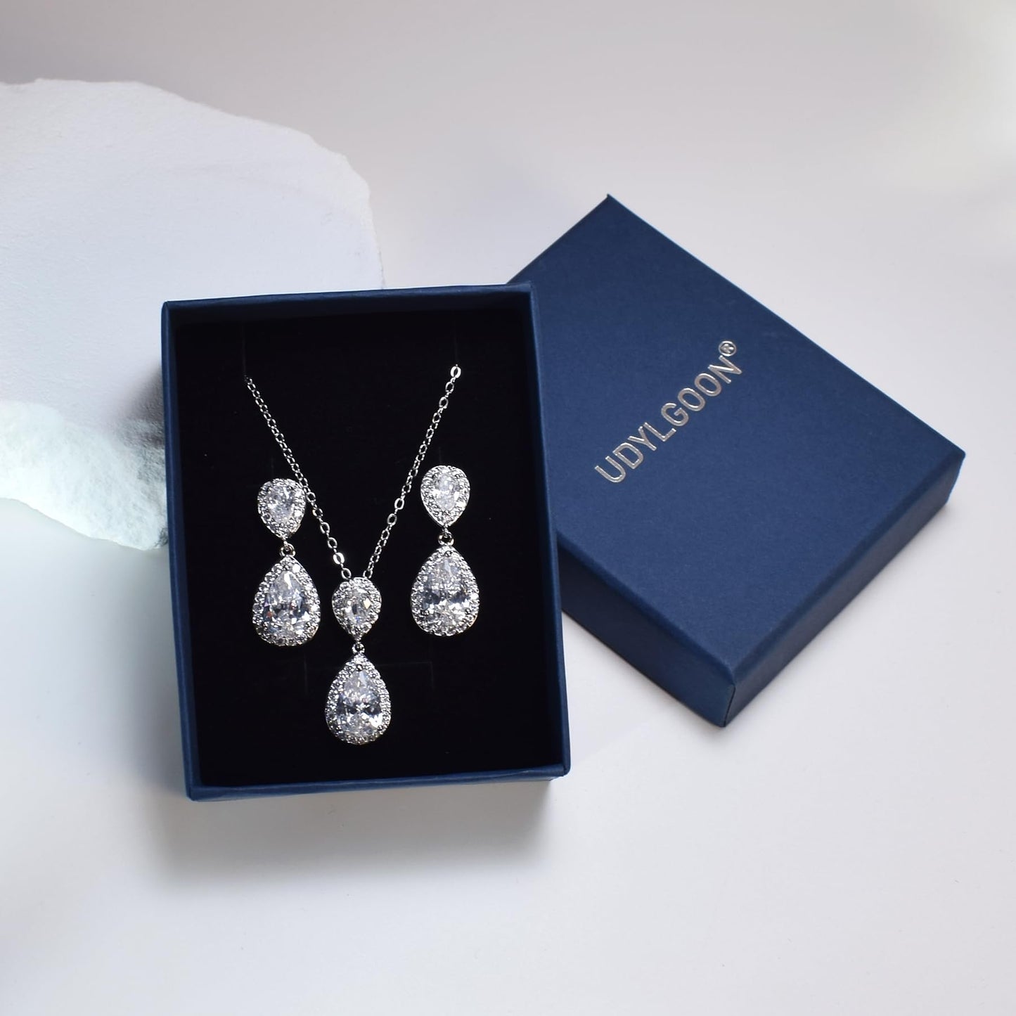 UDYLGOON Bridal Jewelry Set for Women, Cubic Zirconia Teardrop Bride Bridesmaid Necklace and Earrings Set for Wedding Prom Formal (Rose Gold Plated)
