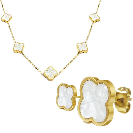 Aimétte Monette 18K Gold Plated Jewelry Set, Clover Necklace Stud Earrings for Women Hypoallergenic White Lucky Clover Pendant Necklace Gifts for Women Trendy