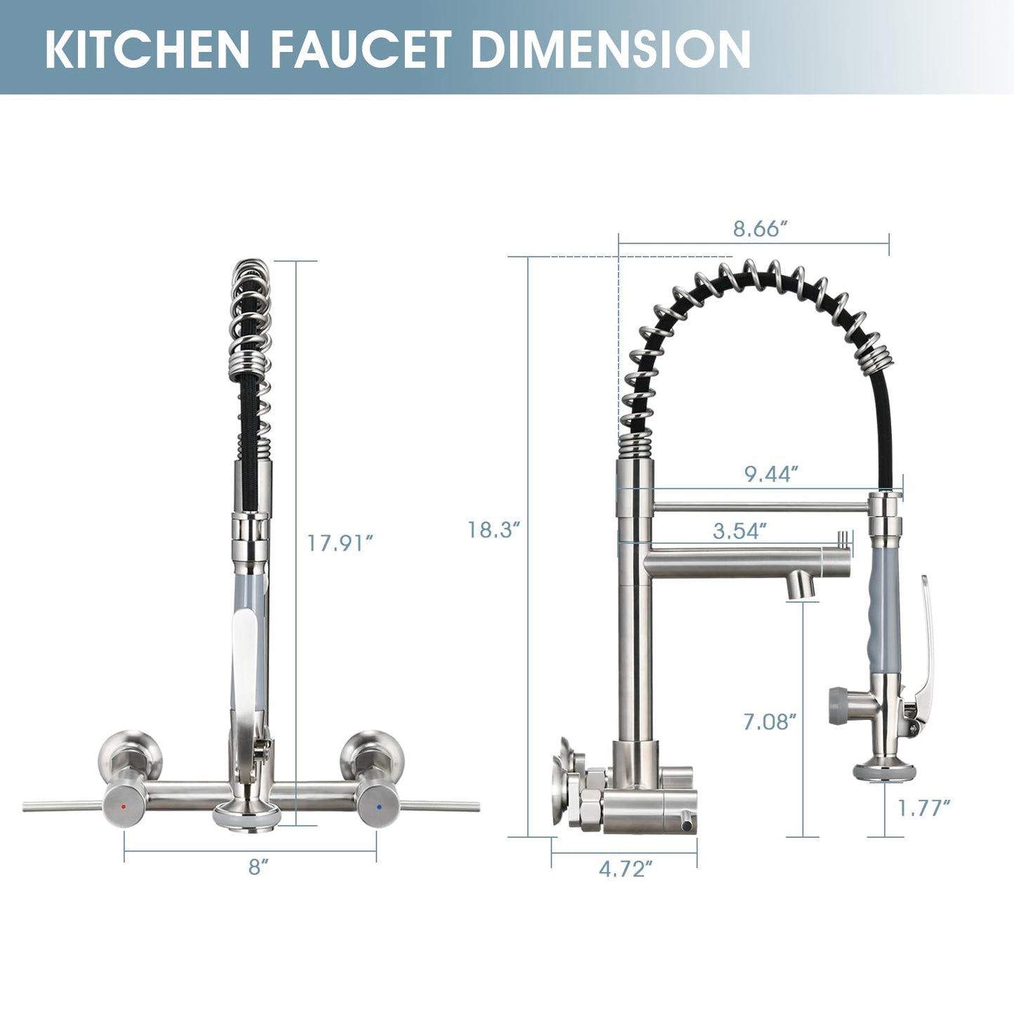 DEMIINUS Wall Mount Kitchen Faucet with Pull Down Sprayer, 8 Inch Center Kitchen Sink Faucet, Heavy-Duty Commercial Wall Mount Faucets, 2 Handle Faucet for Kitchen Sink, Brushed Nickel