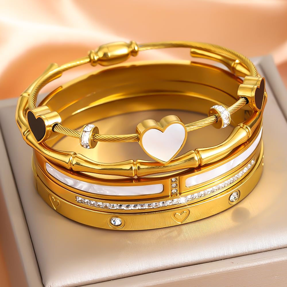 Womens 18K Gold Plated Bangle Bracelet Set 5Pcs Stackable Bangles Waterproof Stainless Steel Mother of Pearl Heart Cubic Zirconia Jewelry Gifts for Women