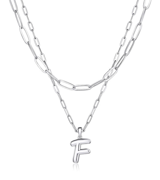adoyi Silver Initial Necklace for Women 14k Gold Plated Layered Bubble Letter Necklaces Trendy Jewelry Chain Name F Pendant Necklace Stack Birthday Valentines Gifts