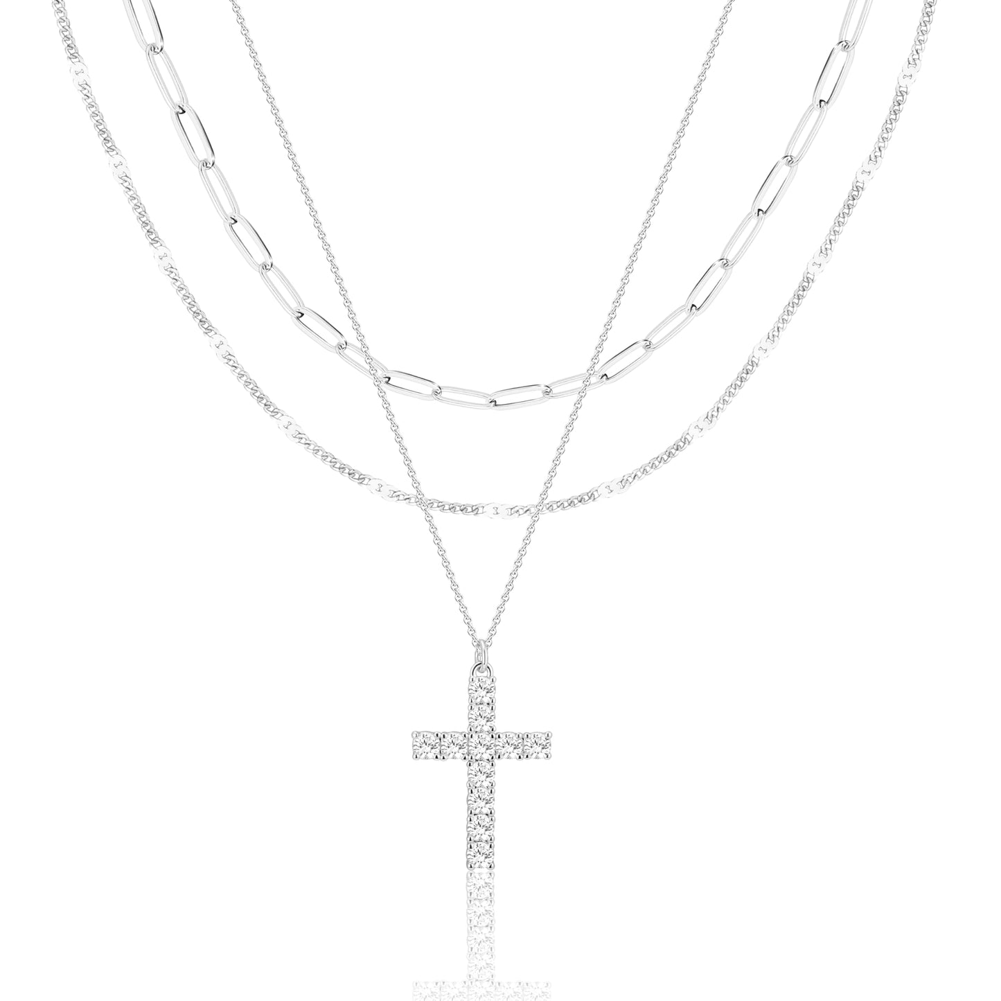 Layered Silver Gold Necklaces for Women,Silver Plated Dainty Stackable Choker Necklaces for Women,Trendy Layering Cubic Zirconia Cross Pendant Paperclip Thin Chain Necklace Set Jewelry Gifts for Women