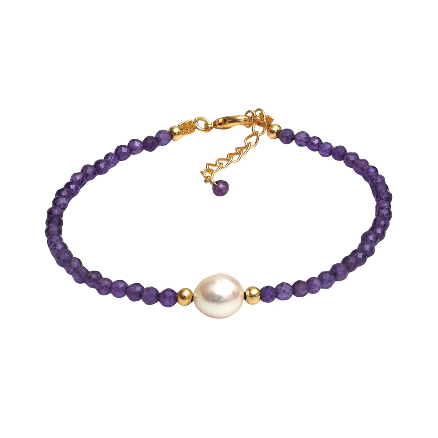 Gempires Amethyst Beaded Bracelet with Pearl Choker Crystal Jewelry Lightweight February Birthstone Gifts Hypoallergenic 7.5 Inch Gold Plated Trendy Fashion Everyday Wear Jewelry
