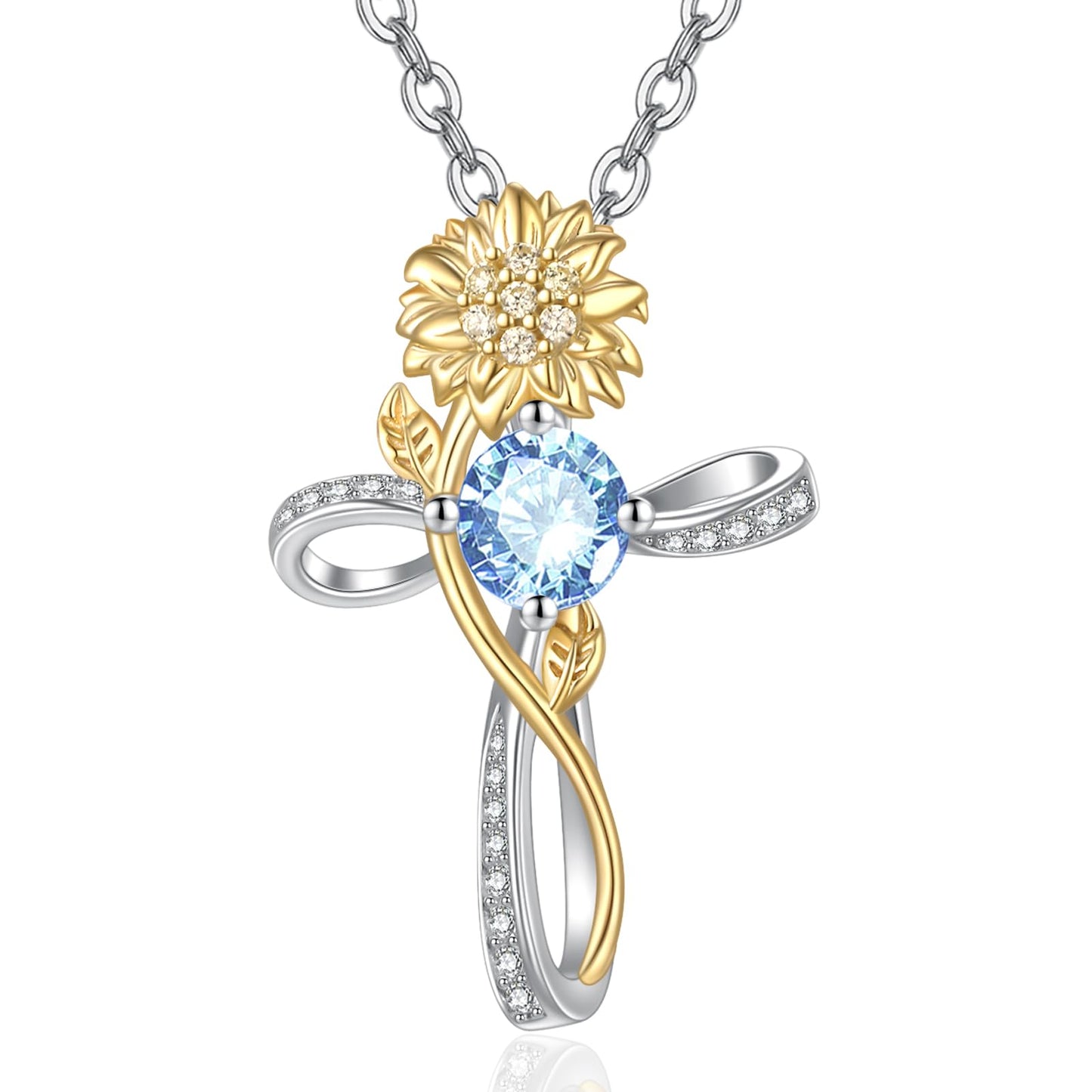 Cross Necklace for Women Sterling Silver Blue Topaz December Birthstone Necklace Sunflower Cross Pendant Jewelry Catholic Christian Religious Valentines Day Birthday Gifts for Wife Her Mom Mother