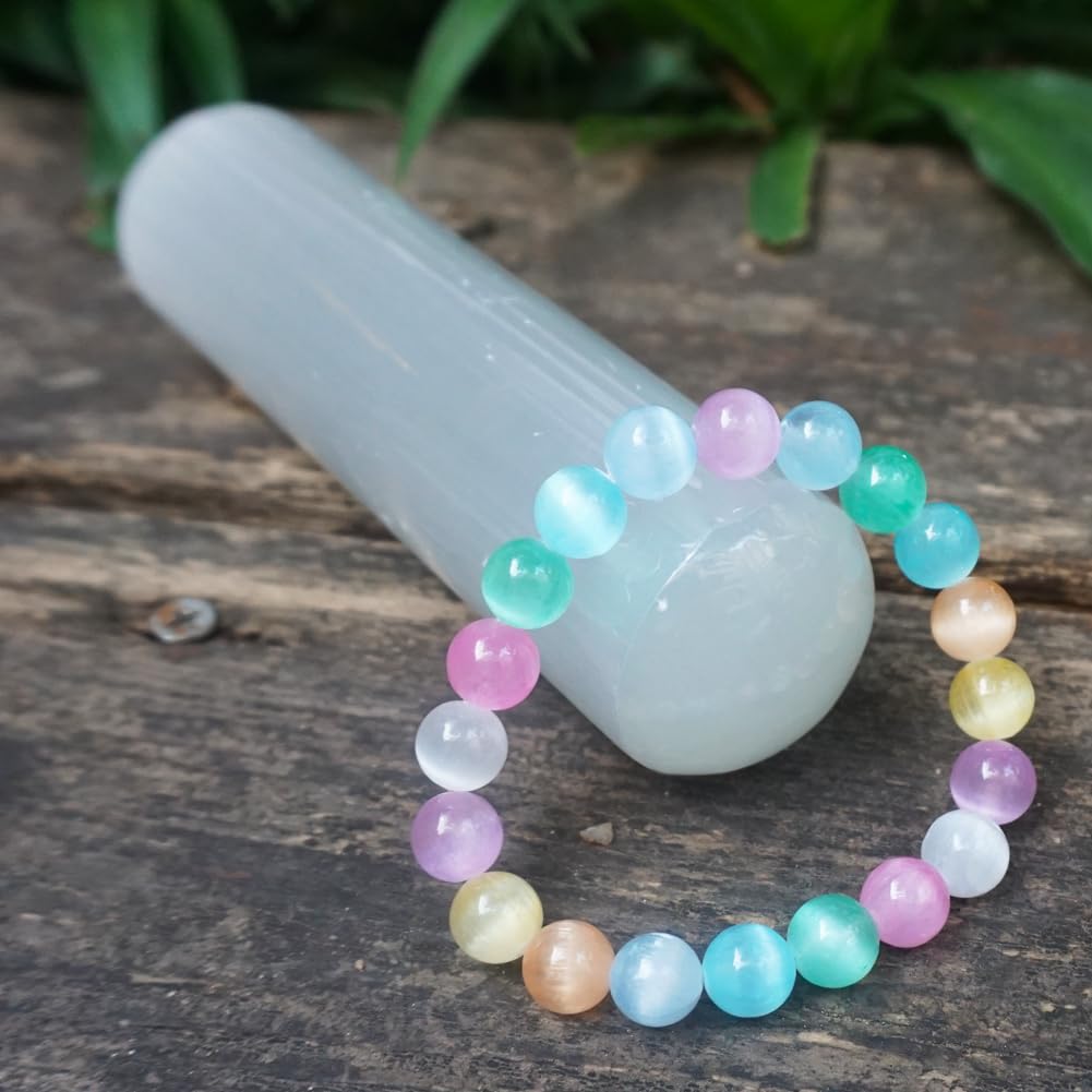 TaHLga 10mm Rainbow Selenite Bracelet - Iridescent Natural Crystal | Handmade Meditation Bracelet with Cat-Eye Effect | Come with Beading Tool Kit - Adjustable to 6.5-8 inches Wrist Size