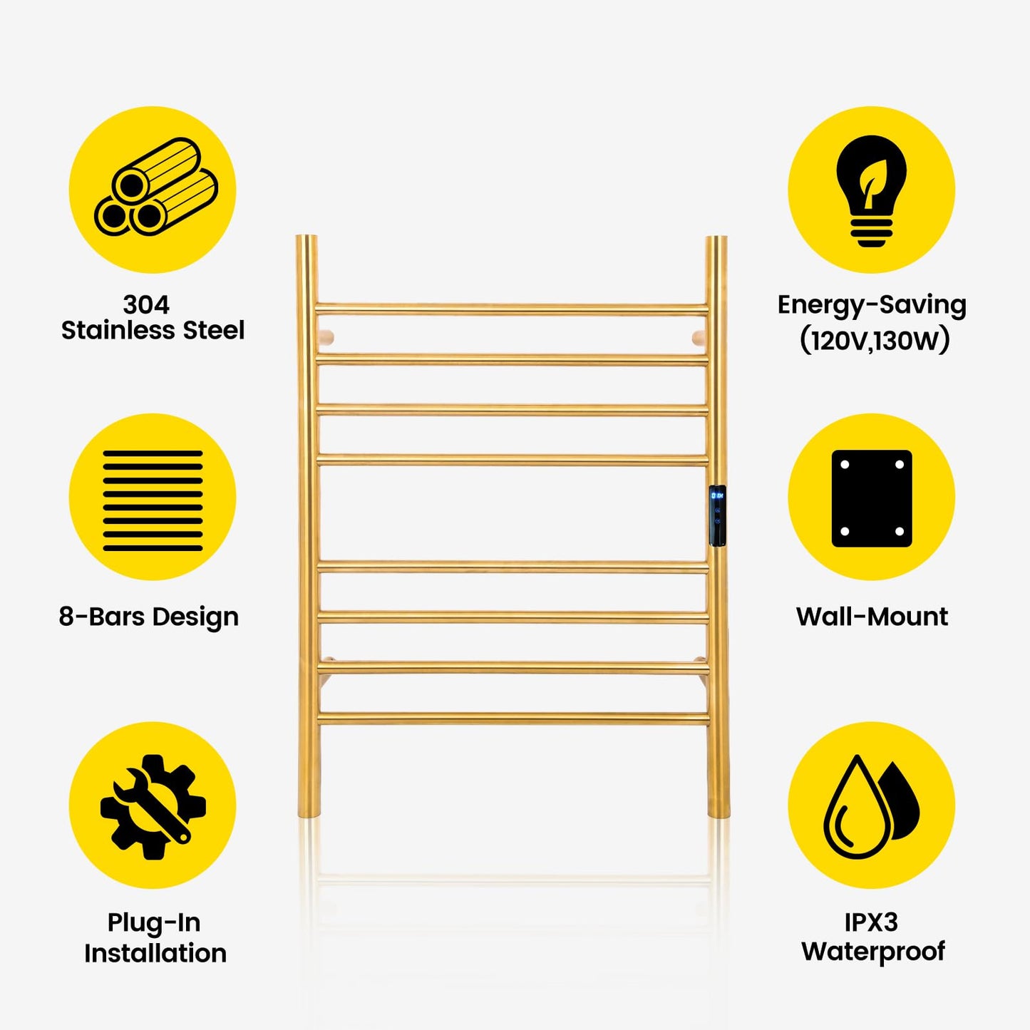Dawot 8-Bars Gold Heated Towel Rack–23" Wall Mounted Towel Warmer with Timer & Temperature Control, Stainless Steel