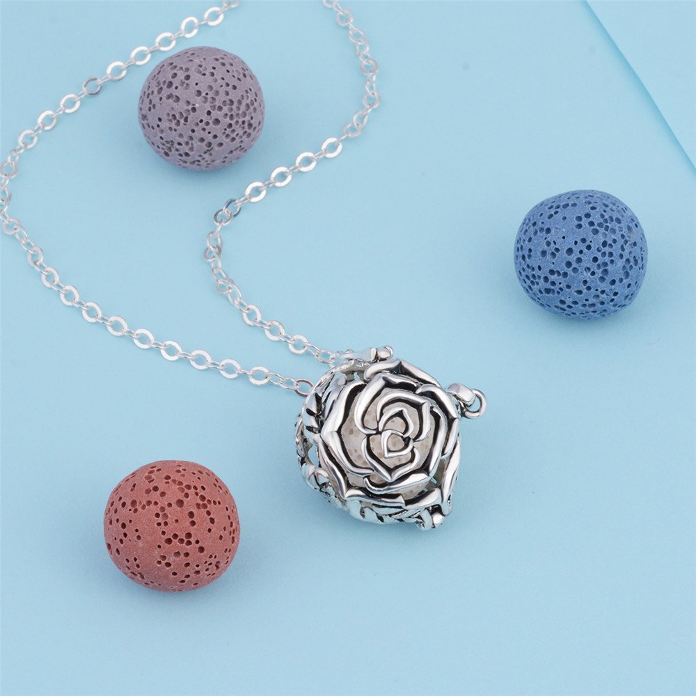 INFUSEU Essential Oil Diffuser Necklace for Women Aromatherapy Jewelry Lava Rock Stone Pendant Unique Vintage Rose Flower I Love You Gifts for Her Mom Wife Grandmother Spiritual People