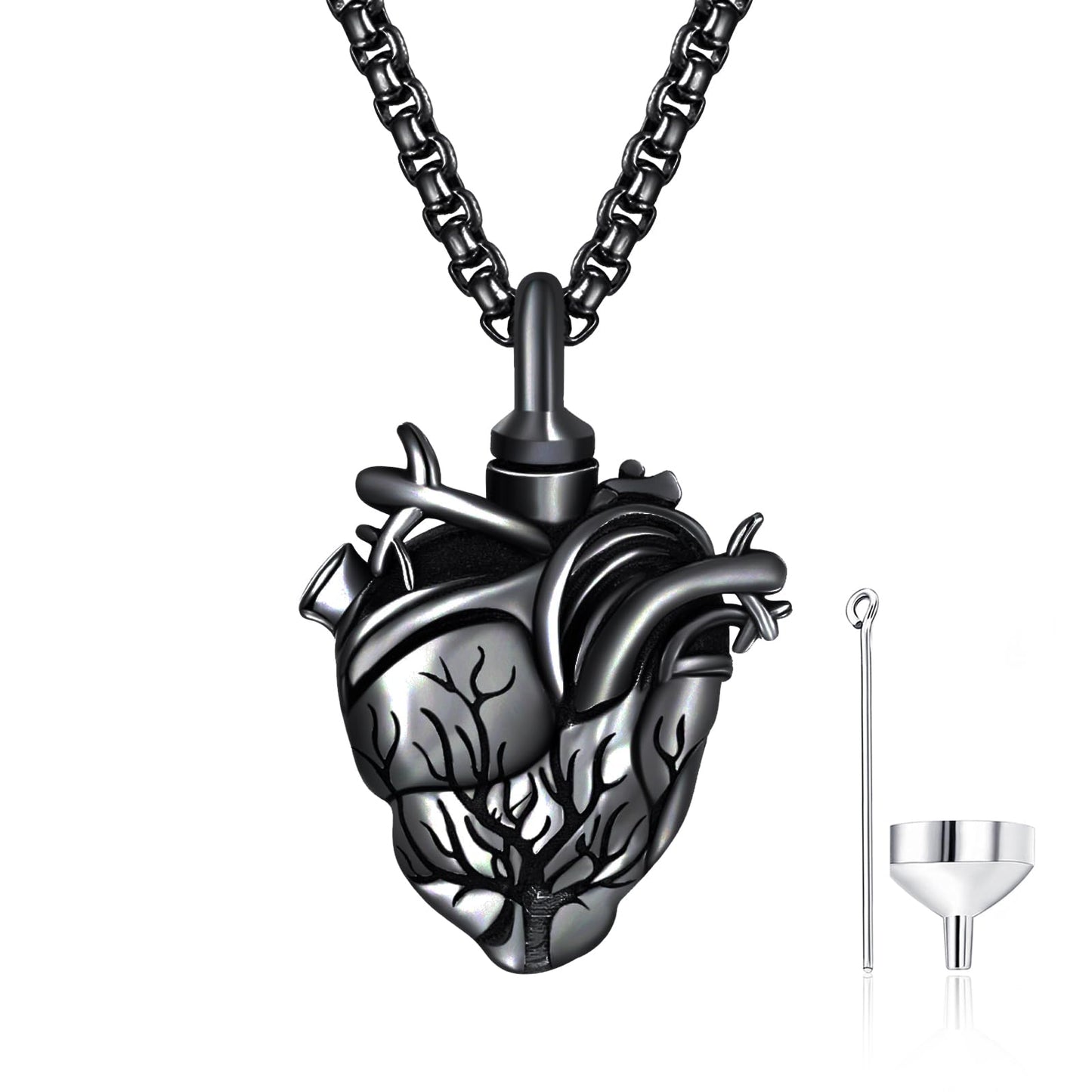 ADMETUS Tree of Life Urn Necklace for Ashes for Men Black Cremation Jewelry for Ashes Anatomical Heart Urn Keepsake Pendant Memorial Gifts