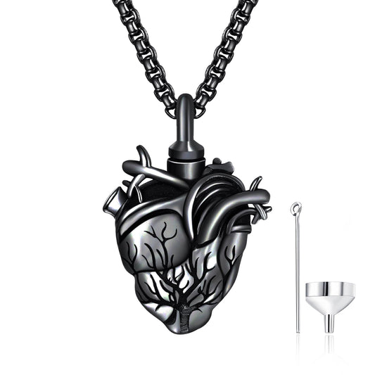ADMETUS Tree of Life Urn Necklace for Ashes for Men Black Cremation Jewelry for Ashes Anatomical Heart Urn Keepsake Pendant Memorial Gifts
