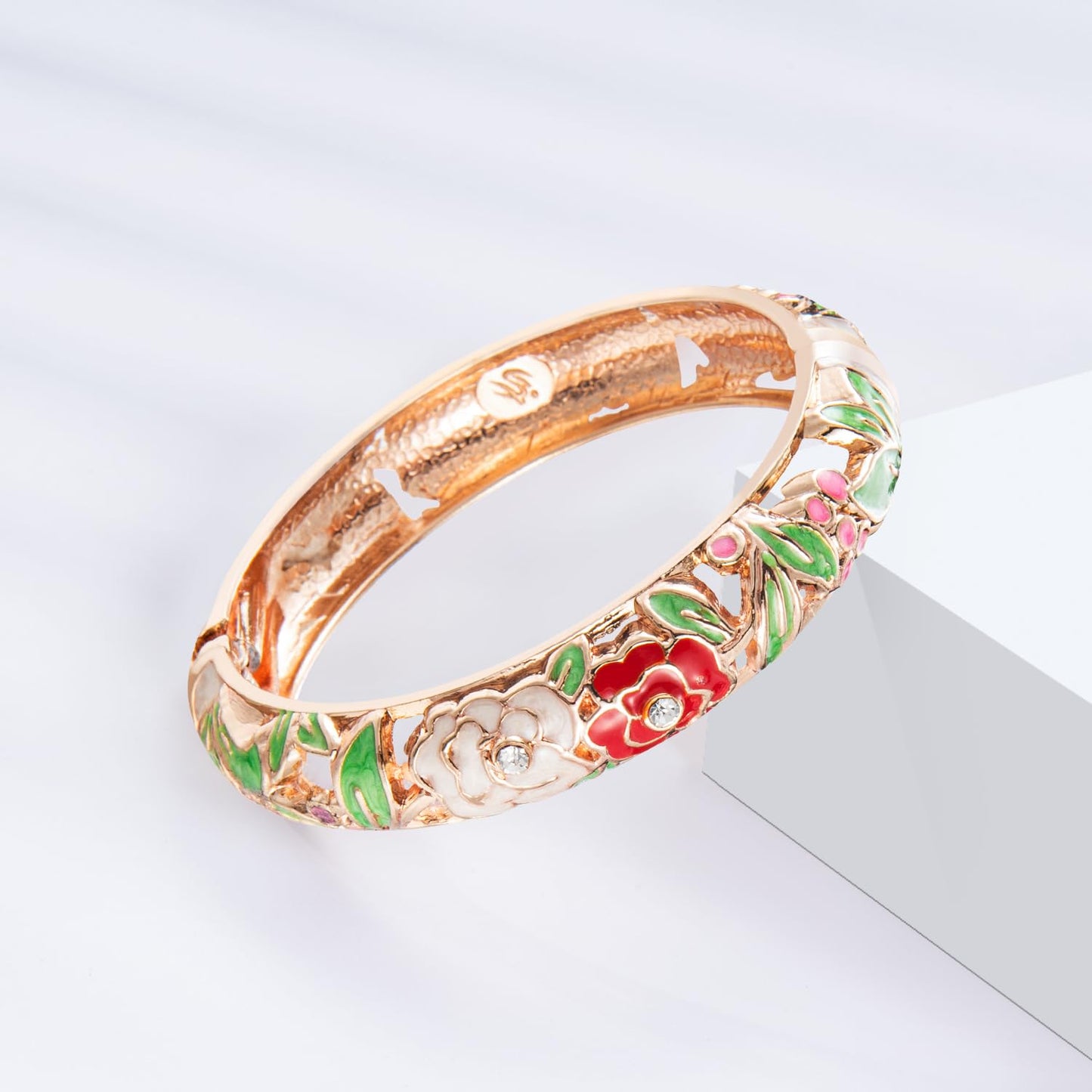 UJOY Vintage Cloisonne Jewelry Bracelet Rose Flower Handmade Rhinestones Enamel Spring Cuff Bangles 2 Pcs Set for Womens Gift 88A10-55A82 Cream White