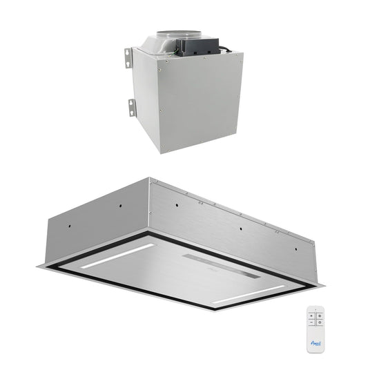 Awoco 30”W Flush Ceiling Mount Split Insert Range Hood, Stainless Steel 4 Speeds 1000 CFM, 8” Round Top Vent LED Lights Remote Control (30"W 19"D 8" Vent)