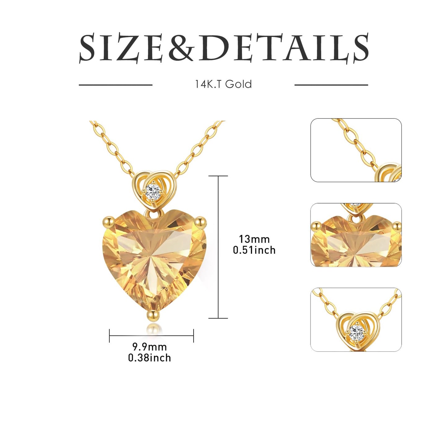 NFYBD 14k Gold Love Heart Citrine Birthstone Pendant Necklace for Women 3 Carat Heart-cut Created Gemstone Anniversary Birthday Mother's Day Necklaces for Her 16+1+1 inch-Nov