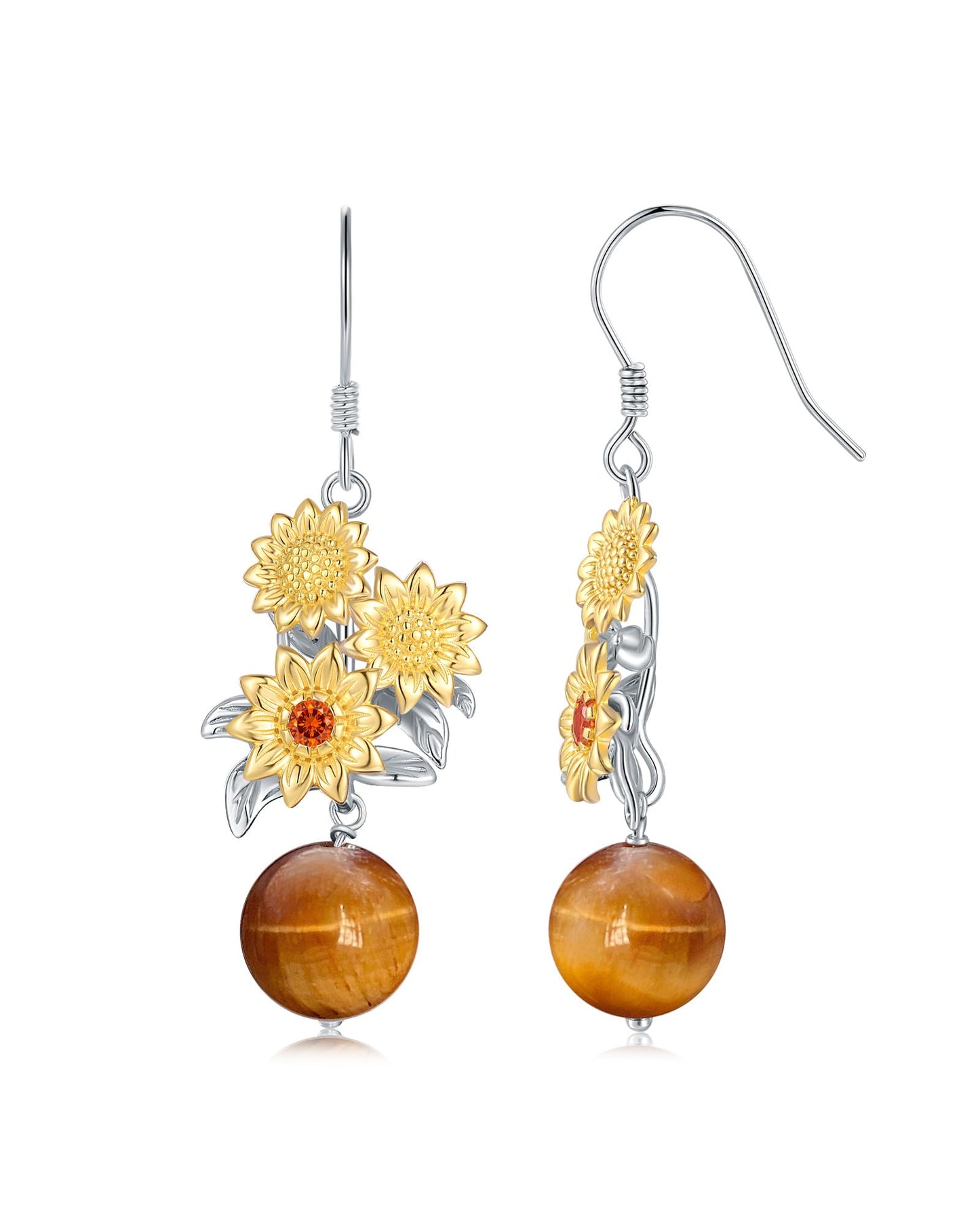 Gold Sunflower Earrings for Women - 925 Sterling Silver Dangle Earrings with Tiger’s Eye Women’s Jewelry Gift for Birthday, Valentine’s Day