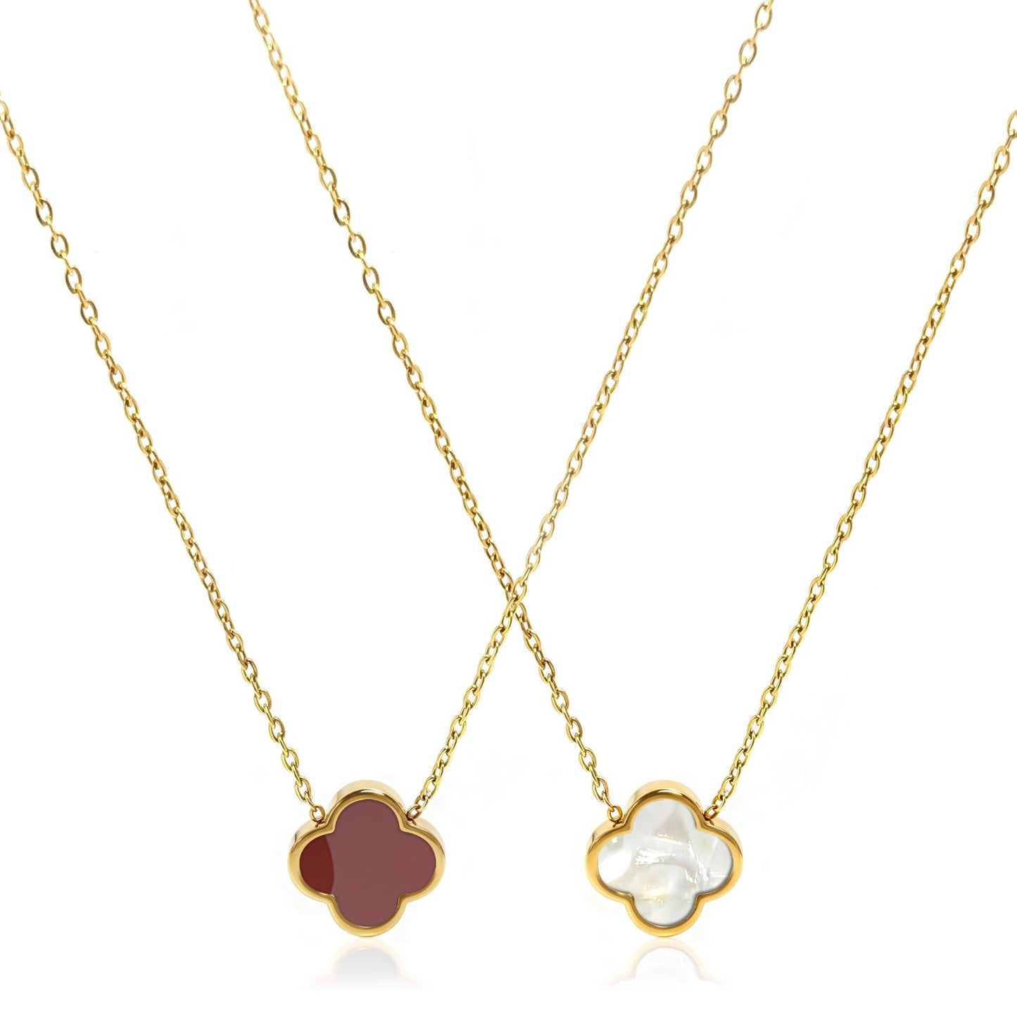 Aimétte Monette 18K Gold Plated Necklaces for Women, Dainty Lucky Four Leaf Clover Gold Necklace Set 2 Side Clover Charm Necklace, Fashion Jewelry Gifts for Women Red and White