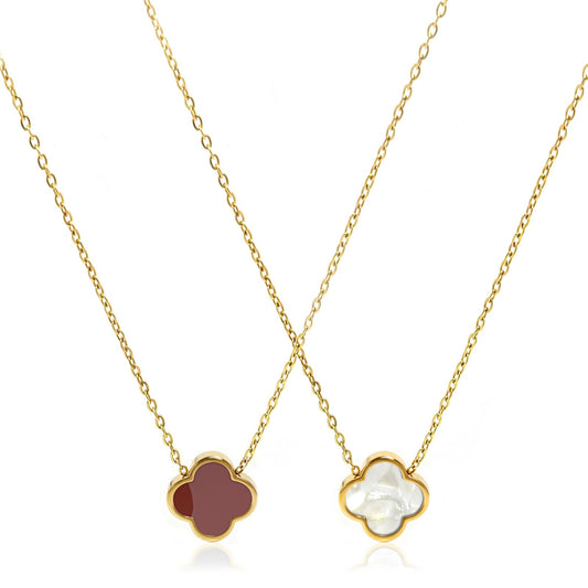Aimétte Monette 18K Gold Plated Necklaces for Women, Dainty Lucky Four Leaf Clover Gold Necklace Set 2 Side Clover Charm Necklace, Fashion Jewelry Gifts for Women Red and White