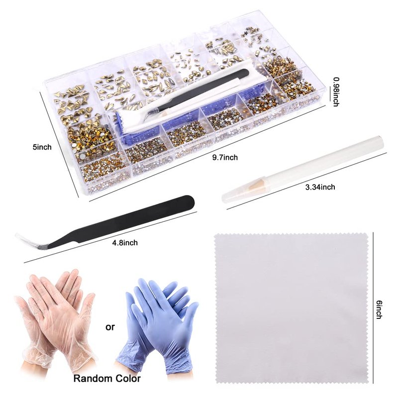 7800Pcs Glass Crystals Rhinestone for Nail Art Crafts,Multi Shapes Nail Gems Flatback Rhinestone,Jewels Diamonds Stone Kit with Picking Pen,1 Tweezers,1 Cleaning Cloth,1 Pair Gloves(Gold)