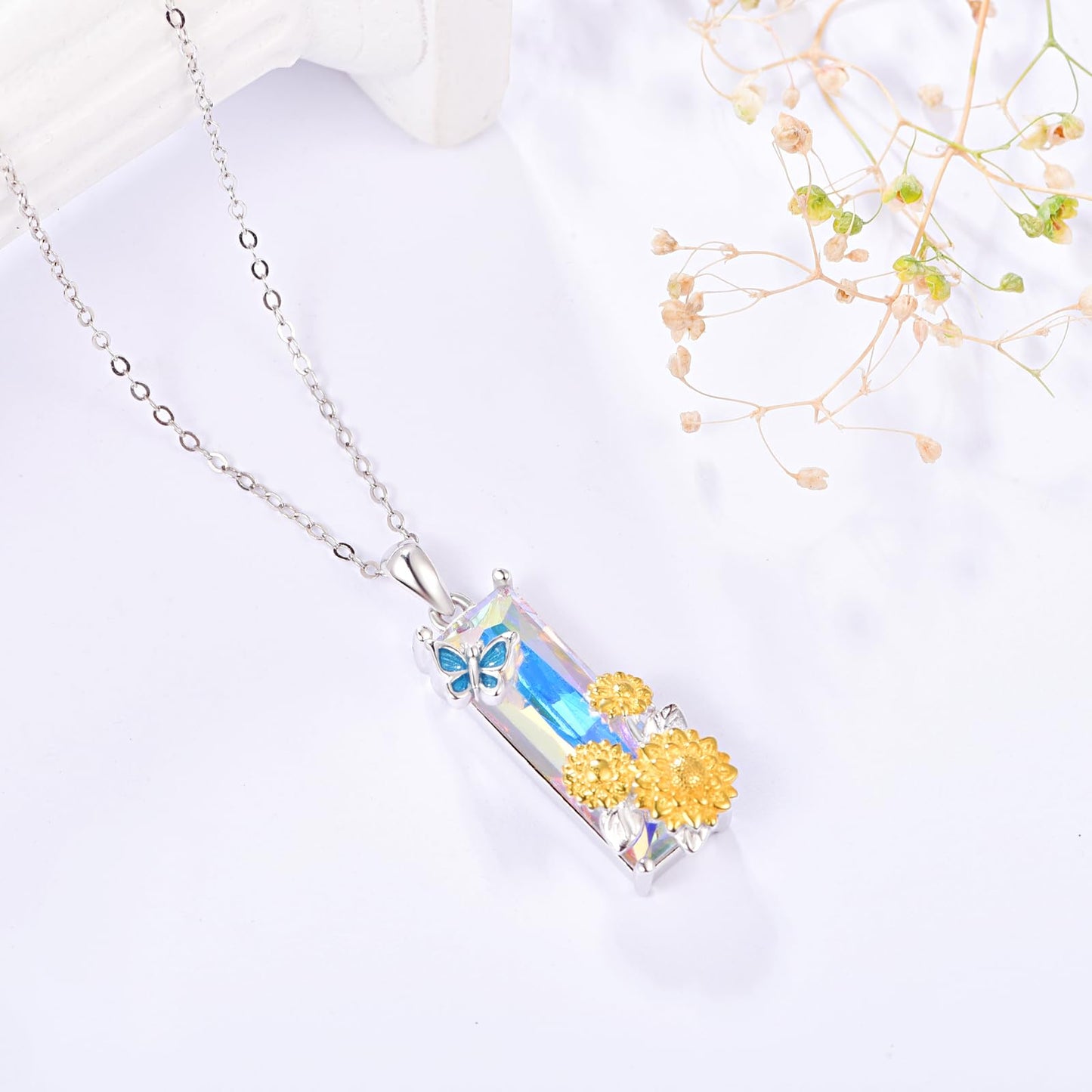 AENEAS Valentines Day Gifts for Women Her Sunflower Necklace for Women 925 Sterling Silver Butterfly Sunflower Necklace 18K Gold Plated Hypoallergenic Crystal Jewelry Gift for Wife