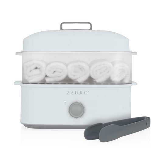 Zadro Towel Steamer with Tongs, 850W Heater, 8L Tray, 1.7L Tank, 30-min Timer for Facials, Manicures, Pedicures, Shaving (13"x12", 120V/850W, 8L, Blue/Gray)