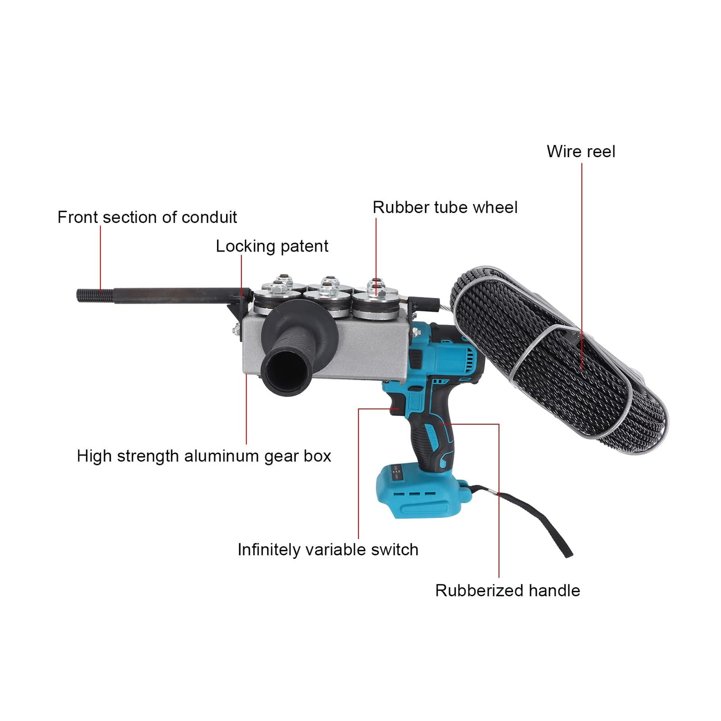 Automatic Wire Stringing Machine, Angle Adjustable Fish Tape Tools with 6 Spare Rubber Wheel, 21V Electric Cable Pipe Wearer Stringing Machine for Construction Hydropower