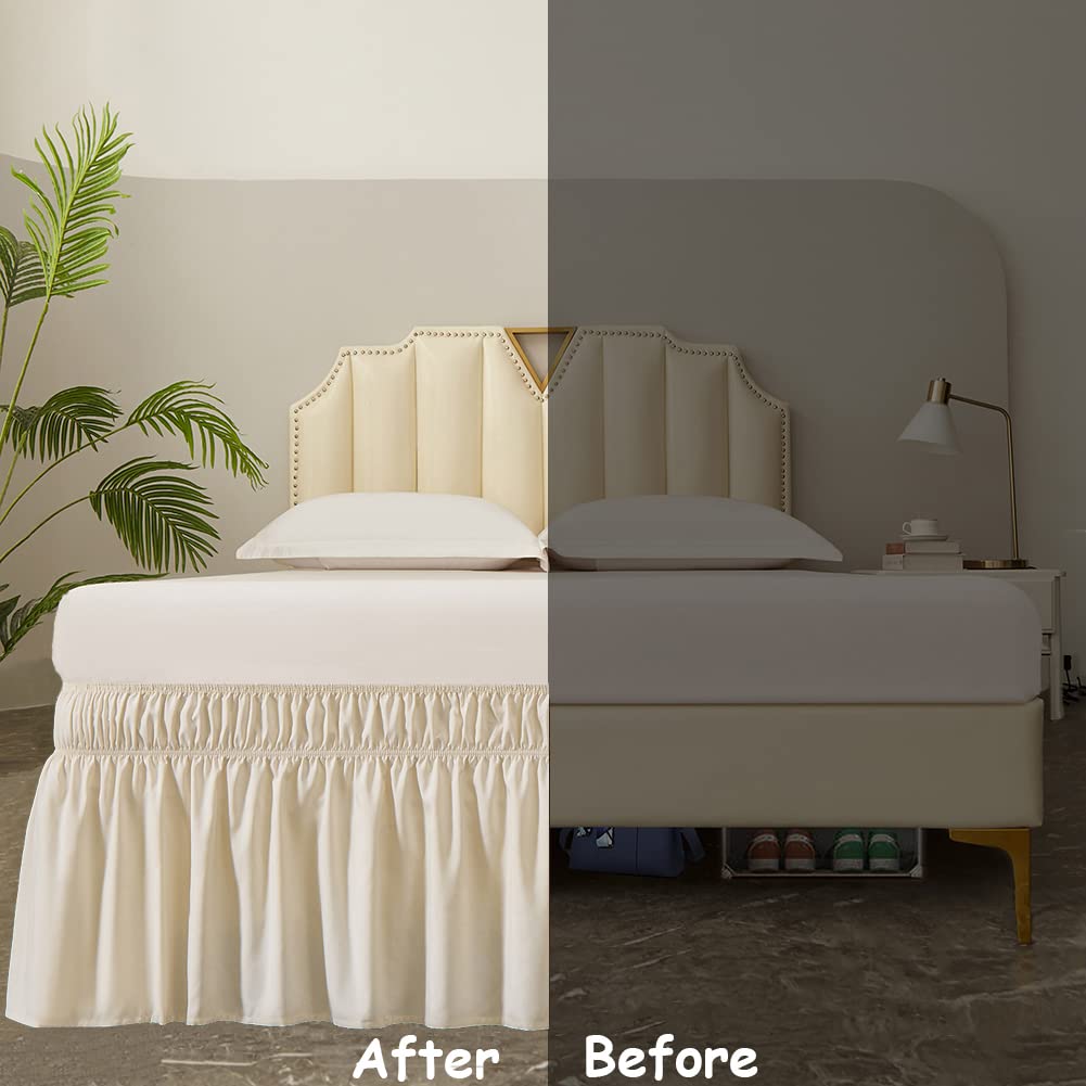 MEILA Wrap Around Bed Skirt Three Fabric Sides Elastic Dust Ruffled 16 Inch Tailored Drop,Easy to Install Fade Resistant-Beige, Queen/King