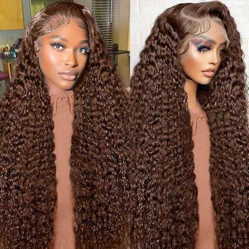 Chocolate Brown Lace Front Wigs Human Hair 13x6 Deep Wave Lace Front Wigs Human Hair 200 Density HD Colored Deep Curly Lace Frontal Wigs for Women Pre Plucked with Natural Hairline (20 inch)