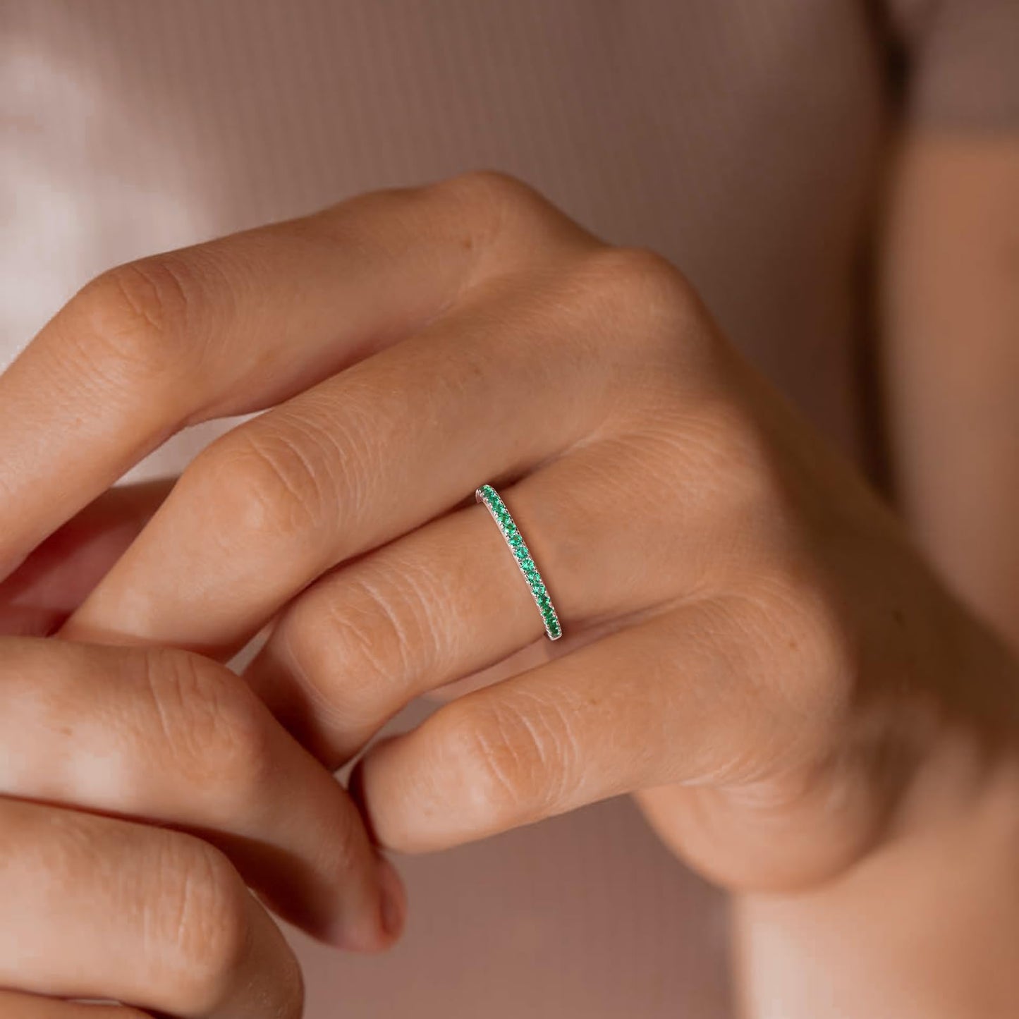 AGRULE Emerald Eternity Band Silver Wedding Rings Men Women Sterling Silver Created May Birthstone Rings 0.3 Carat Green Stone Stackable Cocktail Ring Size 7