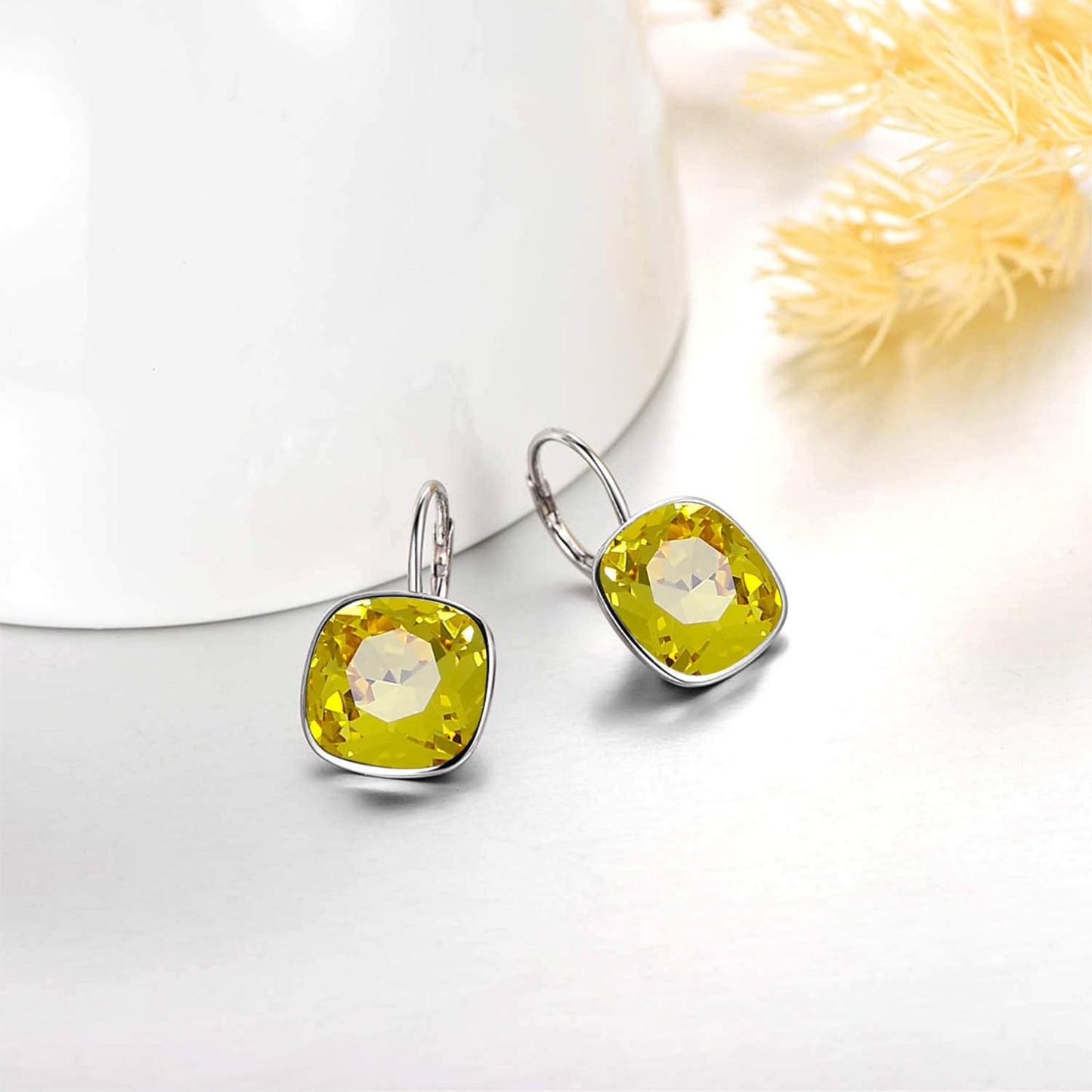 AOBOCO Sterling Silver Leverback Earrings Embellished with Crystals from Austria, Hypoallergenic Cushion Cut Square Crystal Earrings, Fine Anniversary Birthday Jewelry Gifts for Women (Yellow)