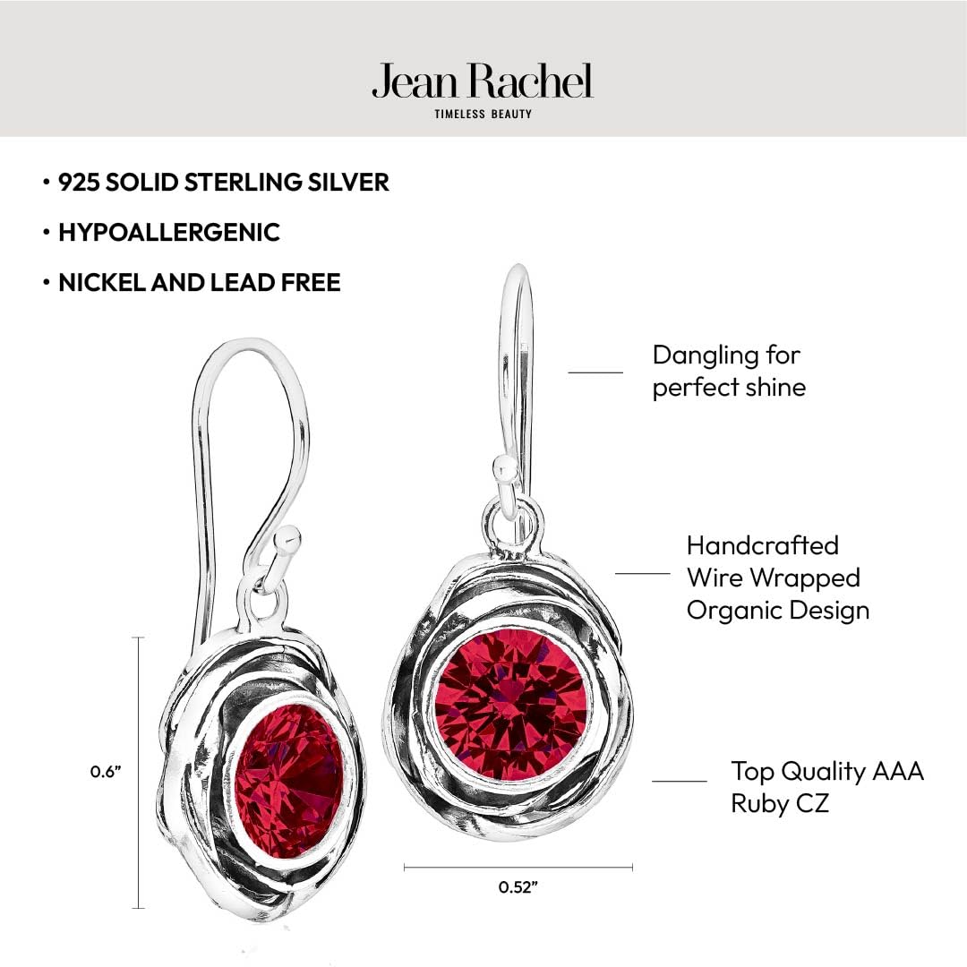 JEAN RACHEL JEWELRY 925 Sterling Silver Dangle Earrings for Women-Wire Wrap with Bezel Set Cubic Zirconia Vintage Design-Hypoallergenic, Lead & Nickel Free-Artisan Handcrafted Statement Earrings, Ruby
