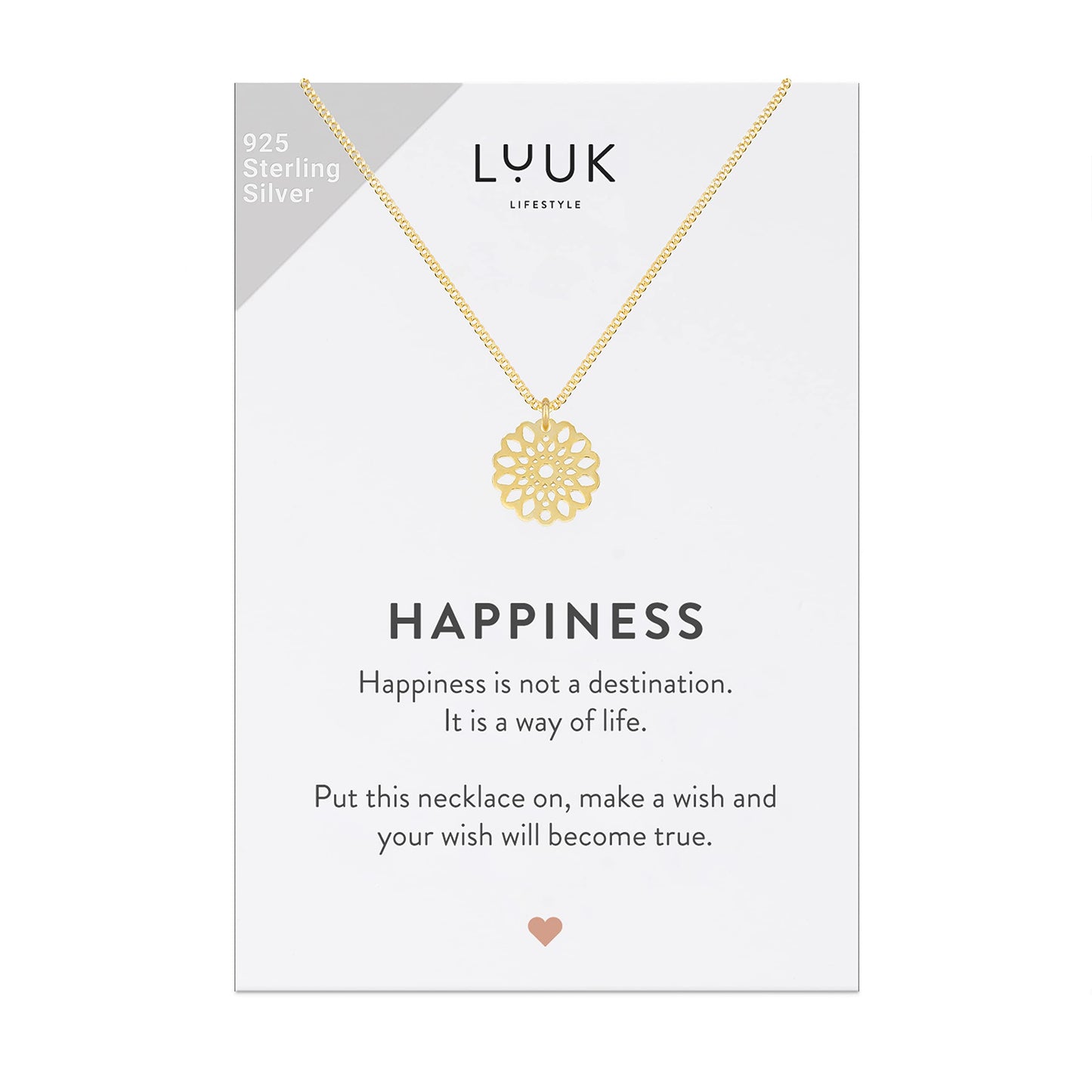 LUUK LIFESTYLE 925 sterling silver mandala pendant necklace with HAPPINESS gift card, trendy jewelry for women, adjustable length, fashionable gift for Valentine's Day, birthday, gold
