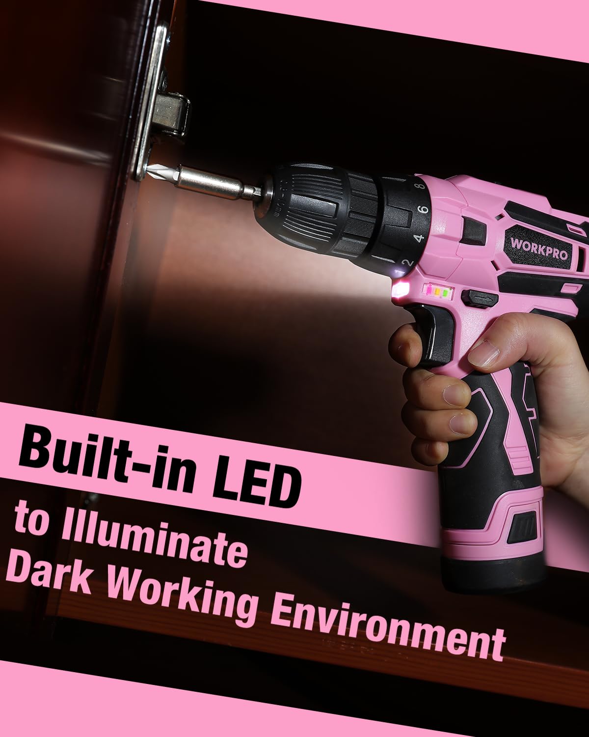 WORKPRO Pink Cordless Drill Driver Set, 12V Electric Screwdriver Driver Tool Kit, 3/8" Keyless Chuck, Charger and Storage Bag Included - Pink Ribbon