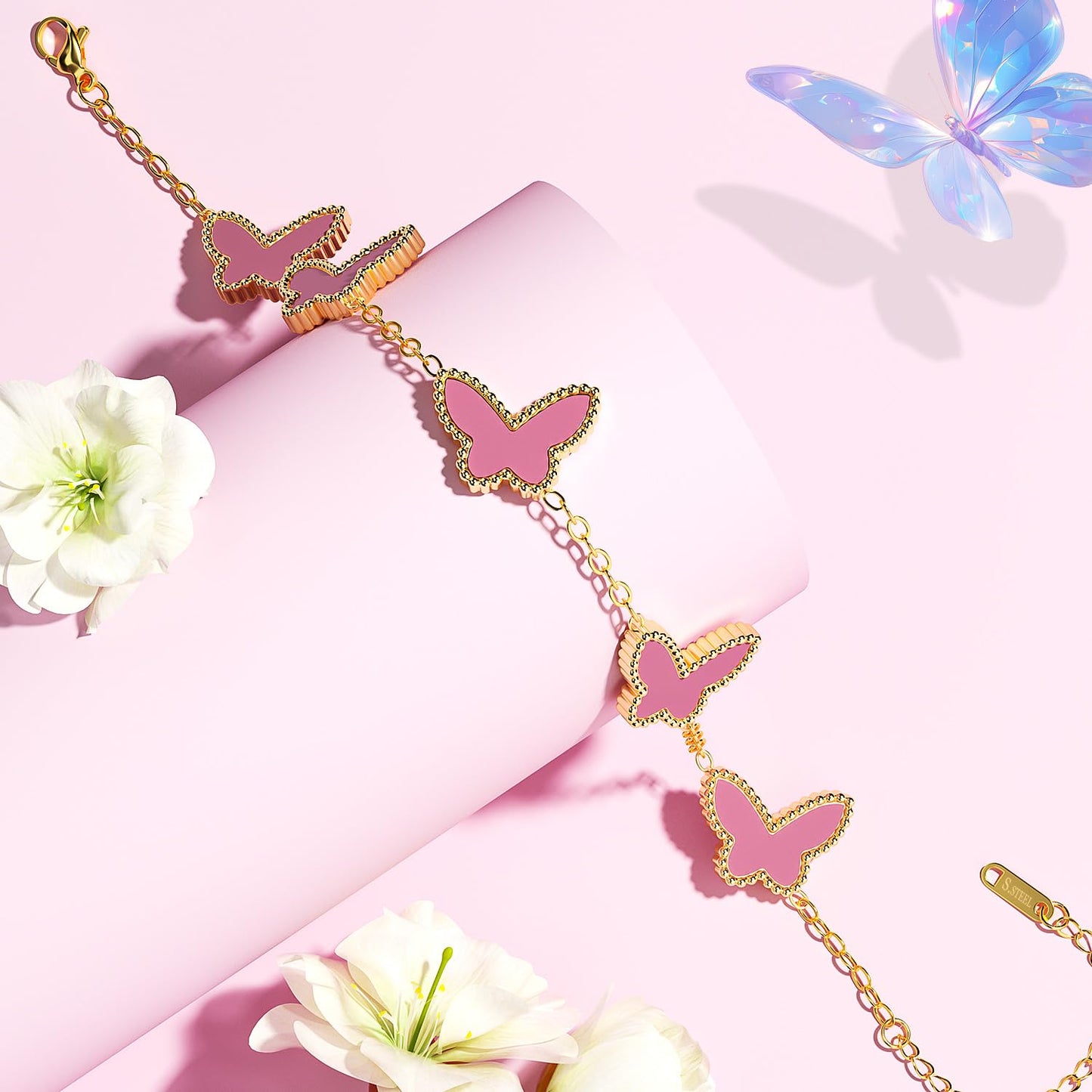 AICase 18K Gold Plated Clover Bracelet Dupes Pink Bracelet Set for Women Butterfly Flower Leaf Lucky Clover Bracelets Trendy Jewelry Birthday Gifts for Women/MoM/Friends_Pink