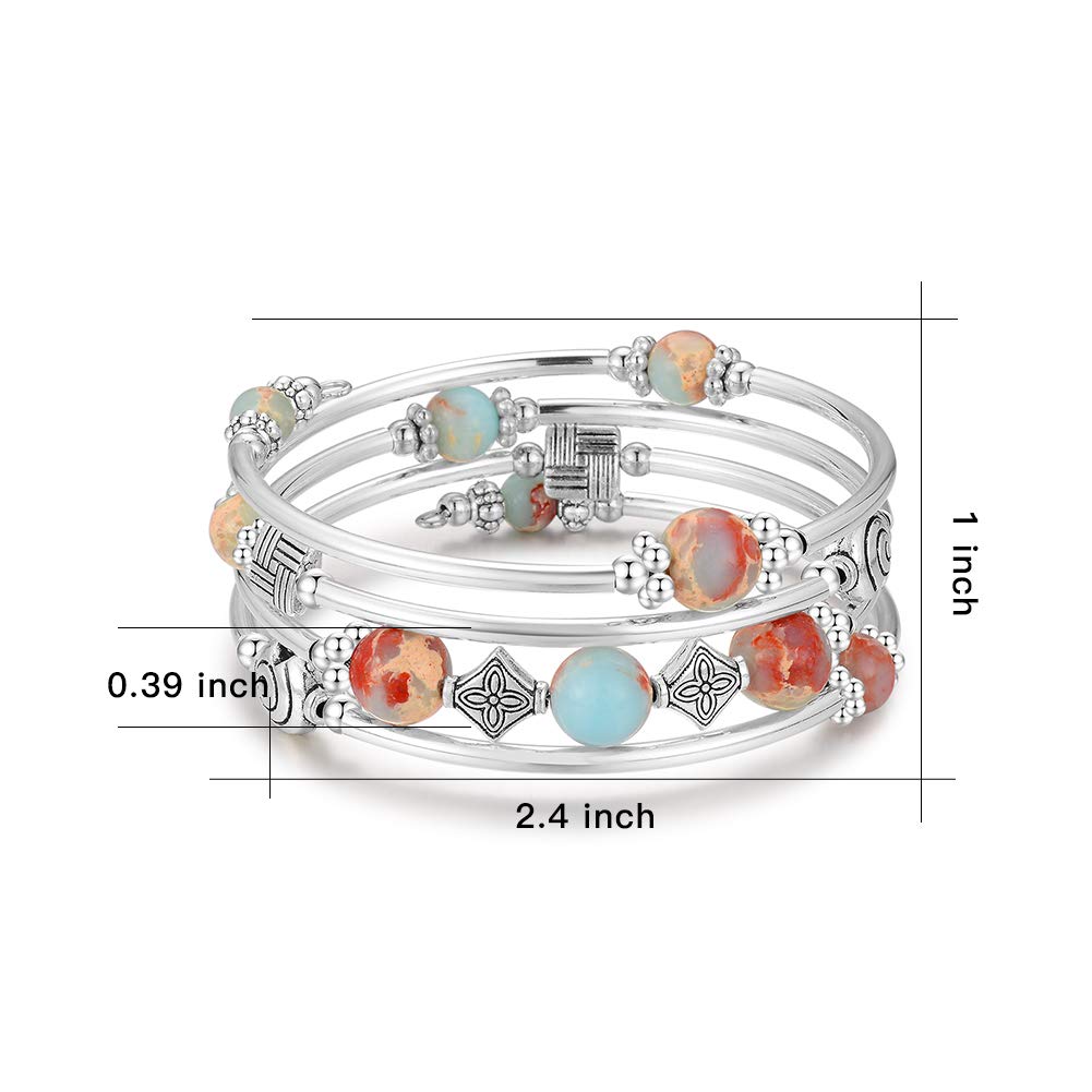 Beaded Pearl Bangle Wrap Bracelet - Fashion Bohemian Jewelry Multilayer Charm Bracelet with Thick Silver Metal Beads, Gift For Women(King Green)