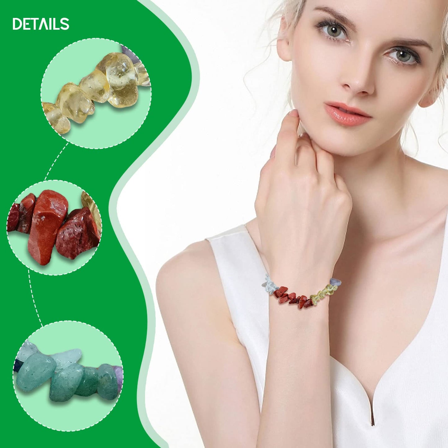 Natural Gemstones Chip Bead Bracelet for Men Women,Healing Chakra Bracelet Adjustable Slider Handmade Stress Relief Crystals Bracele (color)