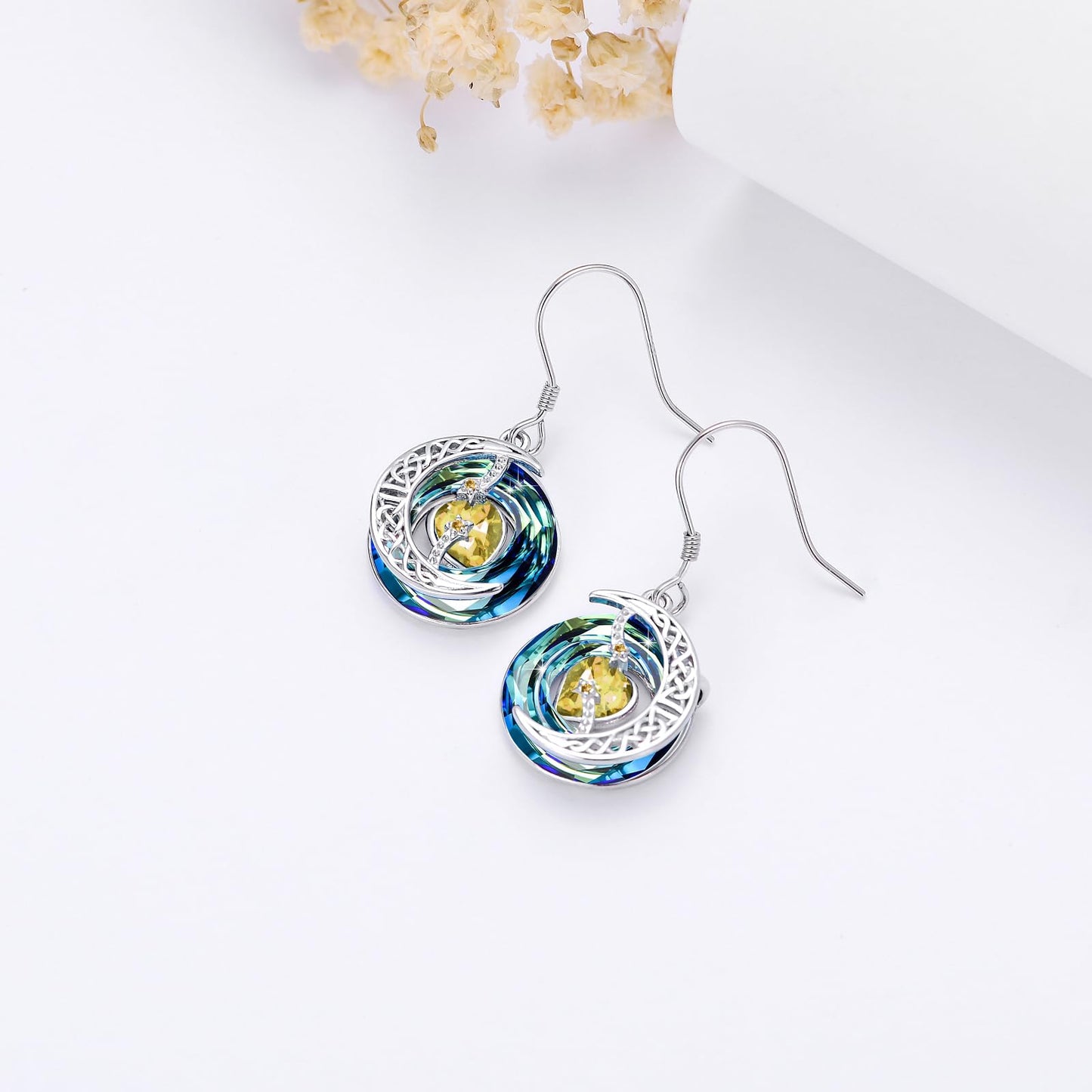 TOUPOP Citrine Earrings November Birthstone Earrings Sterling Silver Moon and Star Drop Dangle Earring Jewelry Blue Crystal Birthday Mothers Day Gifts for Women Mom Her