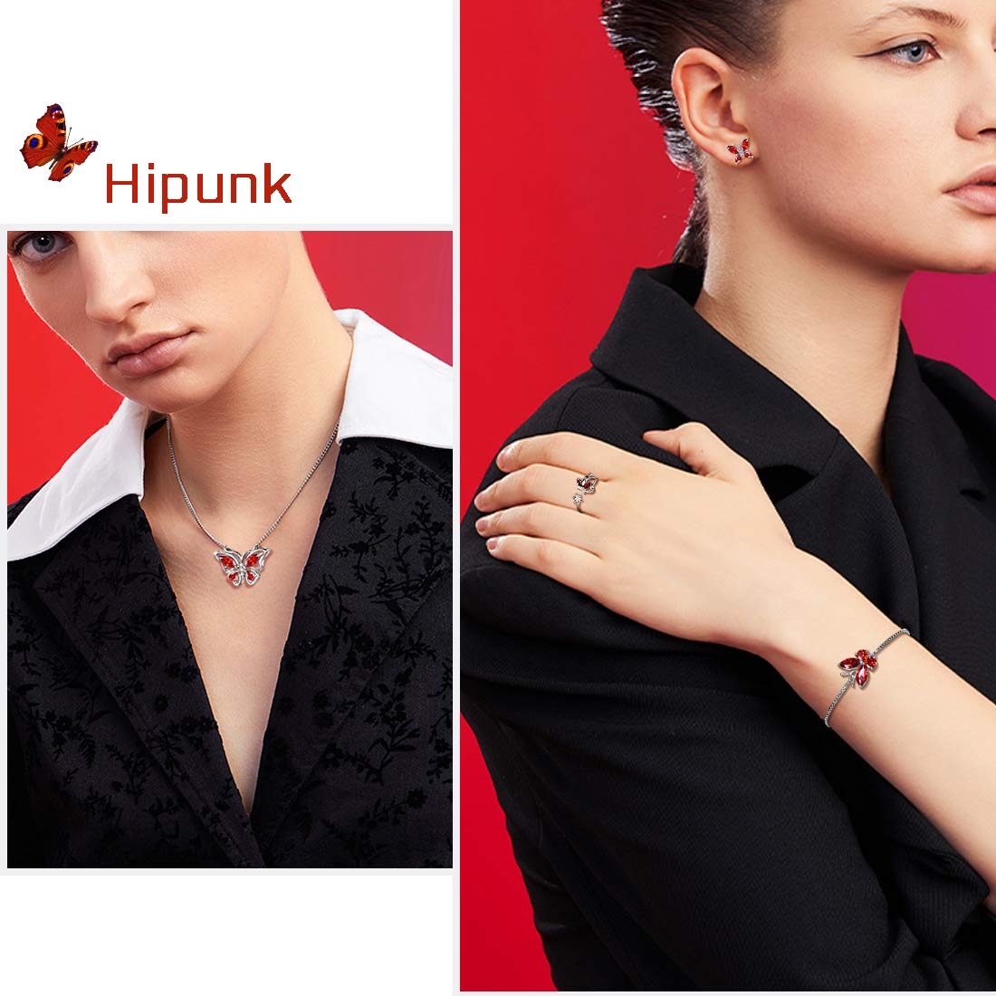 Hipunk Butterfly Red Jewelry Sets Birthstone Women 925 Sterling Silver January-Garnet Birth Stone Animal Butterflies Jewelry Sets/Earring/Ring/Bracelet Set Crystal Birthday Jewelry SS0003J